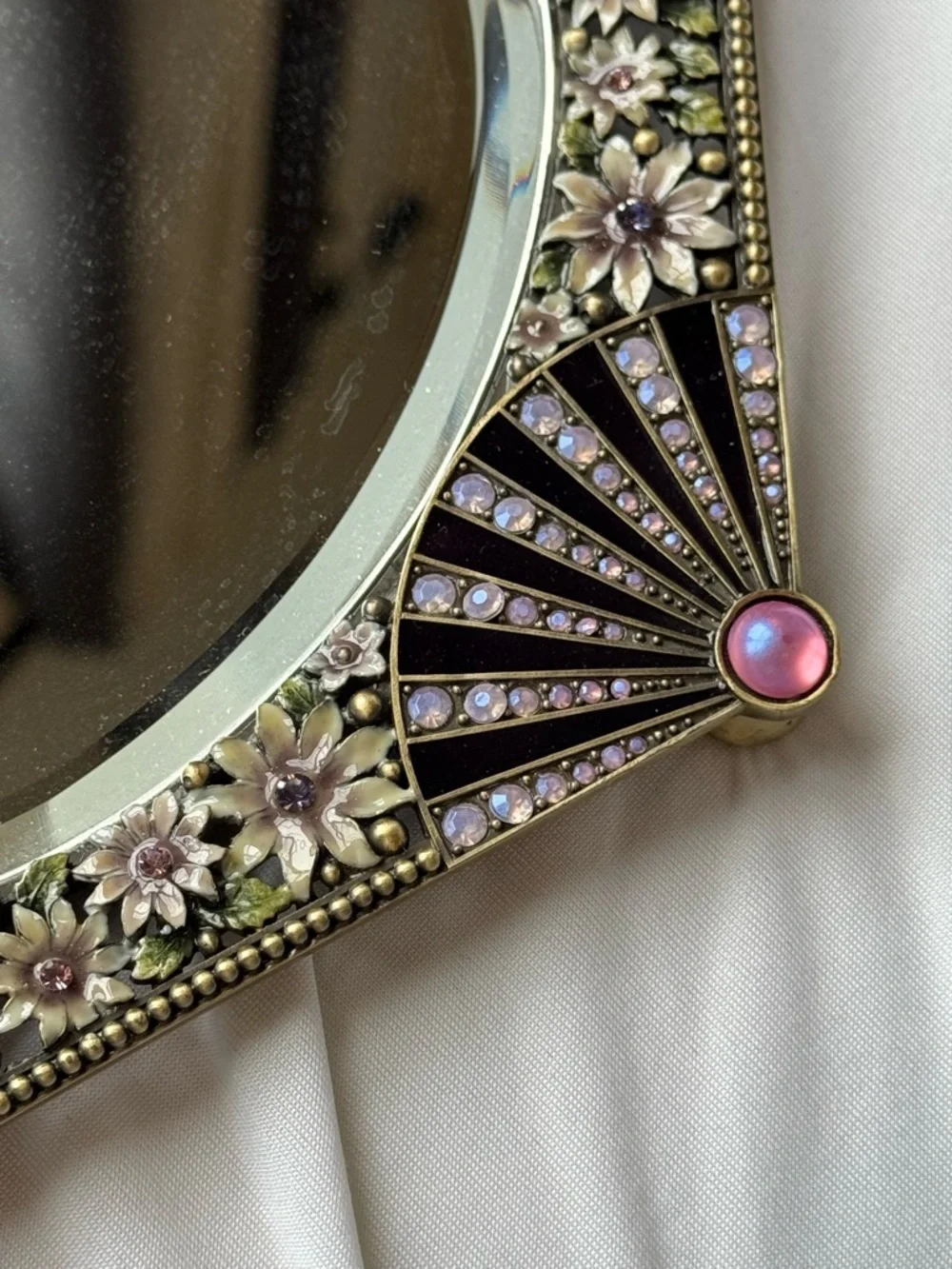 Floral Beaded Decorative Oval Mirror - Pink & Gold Accents